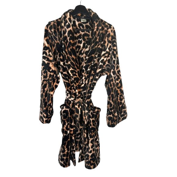 Soma Brown Black Leopard Print Fuzzy Long Sleeve Short Robe L XL - Picture 1 of 9